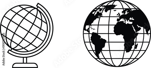 Globe and world map icons representing global education geography travel navigation vector illustration outline minimal design modern flat