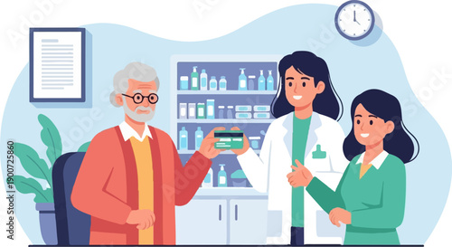 Pharmacist assisting an elderly man and a young woman at a checkout