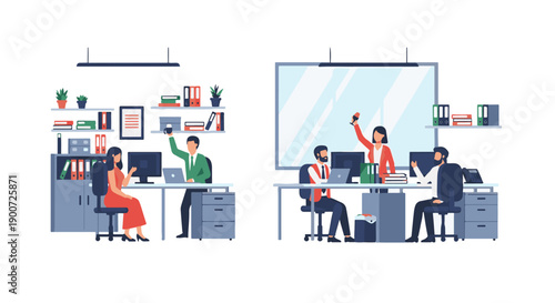 Illustration of office workers celebrating with drinks and working at their desks in a modern setting.