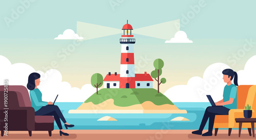 Remote work with a view people at home gaze at a distant lighthouse