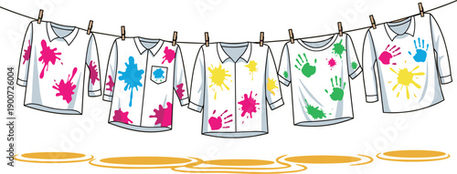 Colorful handprint art t-shirts hanging on clothesline outdoor creative kids craft project