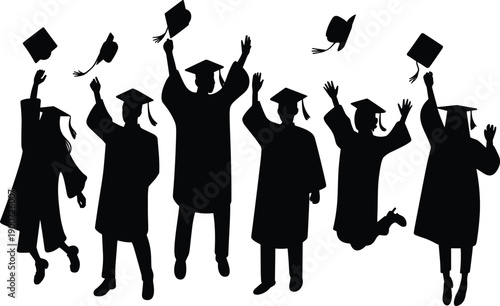 Graduation celebration silhouettes students throwing caps in air, happy graduates jumping celebrating academic success achievement flat vector illustration