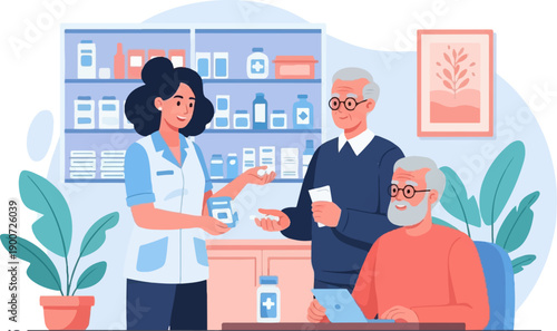 Pharmacist helps elderly men with medication