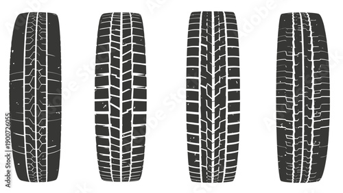 Four Different Car Tires Sideways View.