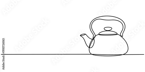 Continuous line illustration of a kettle with a handle and spout. One line drawing in a simple minimalist style, suitable for culinary themes, kitchen elements, and everyday household concepts.