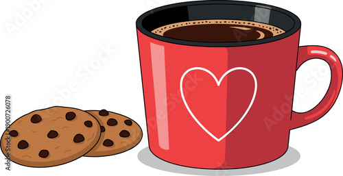 Red coffee mug vector illustration with white heart and delicious chocolate chip cookies for cozy cafe breakfast.