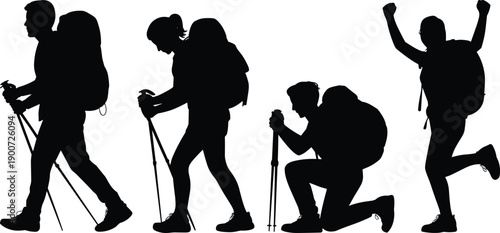 Hikers with backpacks trekking on mountain trail using walking poles celebrating adventure success outdoor travel silhouette set