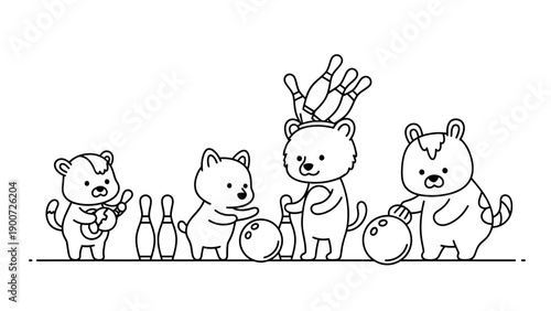 Cute Bears Playing Bowling Together.