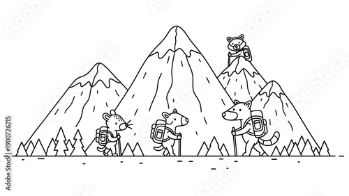 Three Bears Hiking in Mountains.