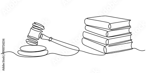 law hammer and books one line continuous single line art, Continuous single line sketch drawing of gavel law justice judge hammer and stack of books one line editable vector illustration, Continuous.