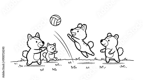 Cute cartoon dogs playing volleyball together on grass field.