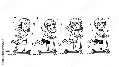 Children riding scooters in a playful and active outdoor scene.