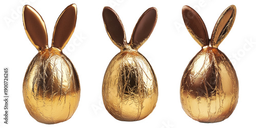 Set of Golden foil wrapped Easter chocolate shaped like a bunny with ears, isolated on white transparent background