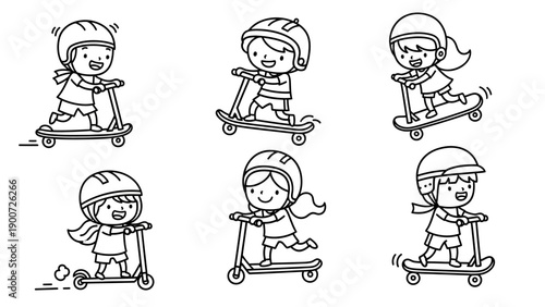 Children Play Scooter Skateboarding Coloring Book.