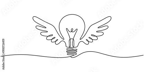 Continuous One line drawing of light bulb with wings. Creative power concept, Single continuous line drawing flying light bulb with wings. Imagination, inspiration, fantasy icon. Knowhow sign.