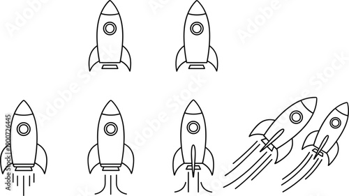 Minimal rocket launch icons set showing startup growth innovation space technology progress business concept vector illustration