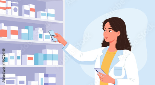 Pharmacist with white coat holding phone and selecting medicine from shelves