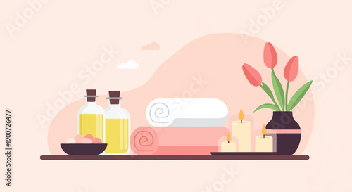 Relaxing spa setting with massage oils, rolled towels, and lit candles