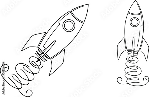 Outline rocket launch icons with spiral smoke representing startup growth innovation space technology business progress vector illustration