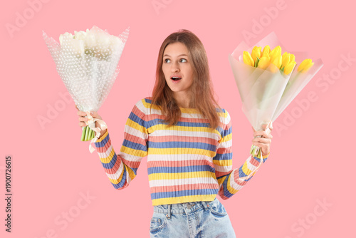 Young woman with bouquets o...