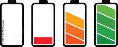 A series of four clear battery icons illustrates varying power levels from empty to fully charged
