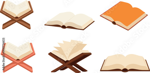 Open Book on Wooden Stand Vector Set for Reading, Education, Religion, and Knowledge Concepts