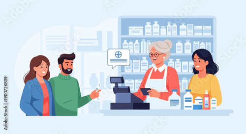 Pharmacy transaction with a cashier and customers