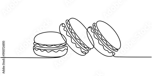 Macaroon one line drawing vector, Continuous one line drawing of colorful French macaroons isolated. Hand drawn macarons minimal design art. one line Icon drawing