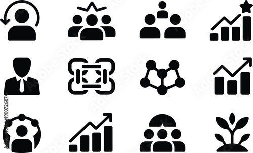 A set of black silhouette icons showcasing business people global connections and progress
