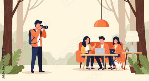 Photographer captures a casual outdoor work session with colleagues and a dog