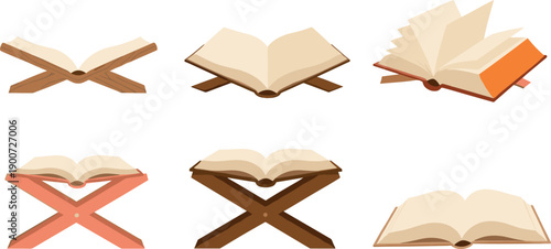 Open Book on Wooden Stand Vector Set for Reading, Study, Education, and Religious Learning Concepts
