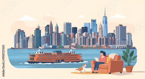 Relaxing by the water with a city skyline and ferry