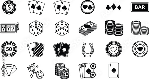 Casino gambling icons set, black silhouette cards, dice, chips and slots symbols for betting, poker, game, casino, web, app, vector