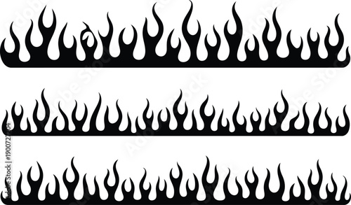 A set of three horizontal black flame patterns providing dynamic border elements on a bright white canvas
