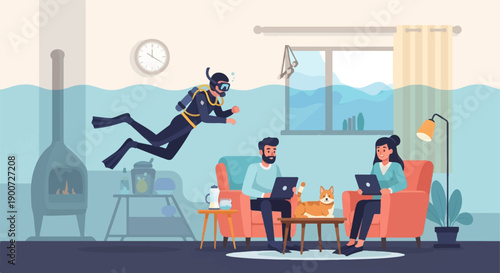 Surreal scene diver swims through flooded living room as people work