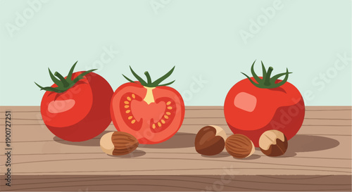 Red tomatoes and nuts arranged on a wooden surface