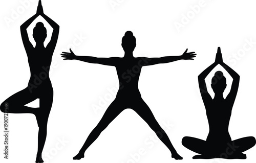 Yoga poses silhouette set with woman practicing tree pose warrior stance and meditation isolated on white background illustration