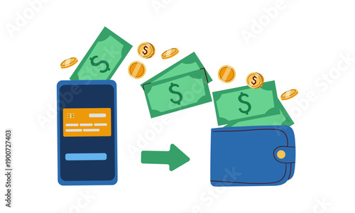 Mobile payments. Online sending money from mobile wallet to bank card, golden coins transfer app and e payment flat style vector illustration Mobile payment, business finance pay transaction online