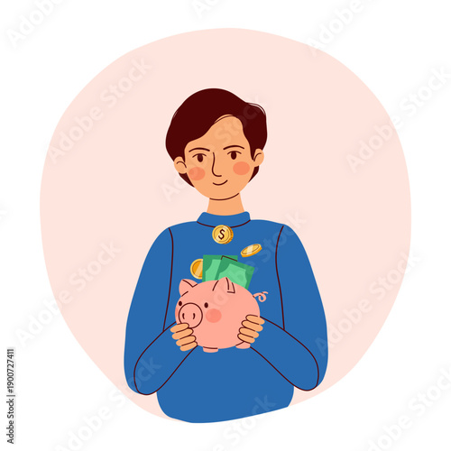 Happy man with golden coin in a piggy bank. Saving and investment concept. Vector illustration in flat design. Financial planning and saving money concept for banner and web design .