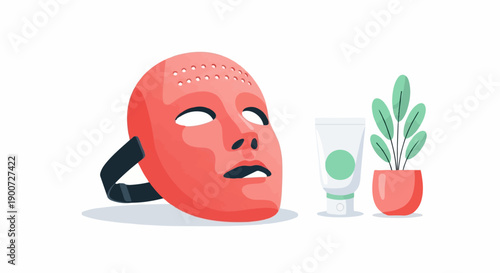 Red facial mask with skincare product and potted plant