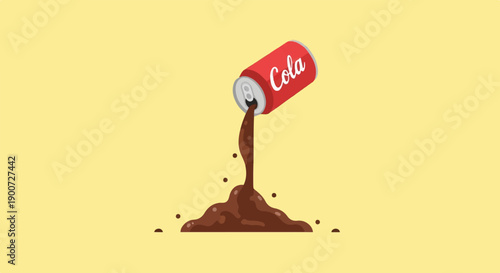 Red can pouring brown liquid onto a pale yellow background, creating a splash