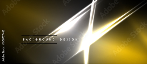 Abstract design features bright lines, gradients. Gold, silver tones dominate dark background. Modern aesthetic, simple text overlay present.