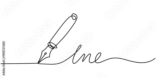 Minimalist continuous one line drawing of a ball pen creating a smooth line on white background, ideal for writing, creativity, education, and office concept designs