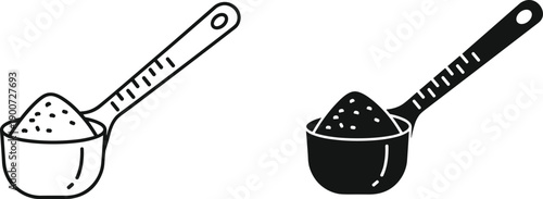 Measuring spoon icons set, black and outline kitchen utensil symbols for cooking, baking, recipe measurement, food preparation, vector, design