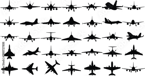 Military aircraft silhouettes icons set, fighter jet and airplane collection for aviation, defense, war, transport, technology, vector, design