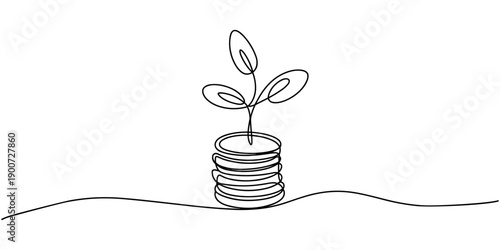 Continuous one line drawing of a plant sprout growing from a stack of coins, symbolizing financial growth and investment.