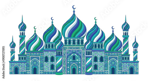 Vector illustration of a mosque with colorful twisted onion domes, vibrant patterns in blue, green and white, unique architectural style