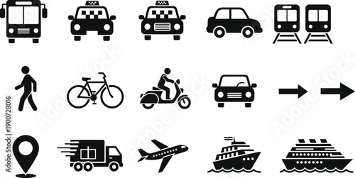 Transportation and travel icons set, black silhouette vehicles and mobility symbols for logistics, navigation, public transport, web, app, infographic, design