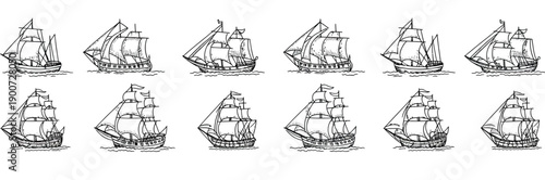 Sail ship sketch illustration, featuring sailboat, brigantine, and frigate drawings in classic hand-drawn nautical engraving style.