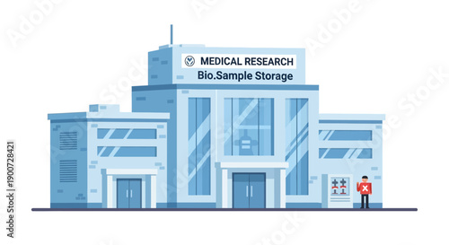 Medical research building illustration representing healthcare infrastructure, scientific research, laboratories, and advanced medical facilities. Ideal for healthcare institutions, research centers, 